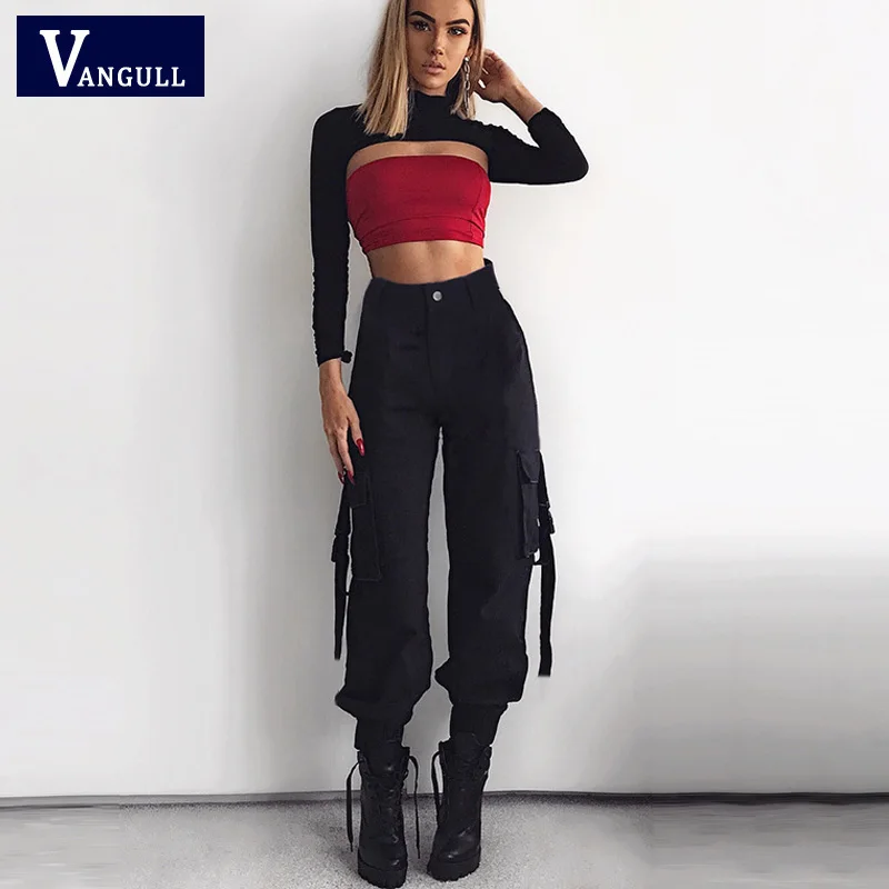capri leggings Vangull Cotton Black Streetwear Cargo Pants Women Casual Joggers High Waist Pants Loose Female Trousers Classic Buckle Pants black cargo pants