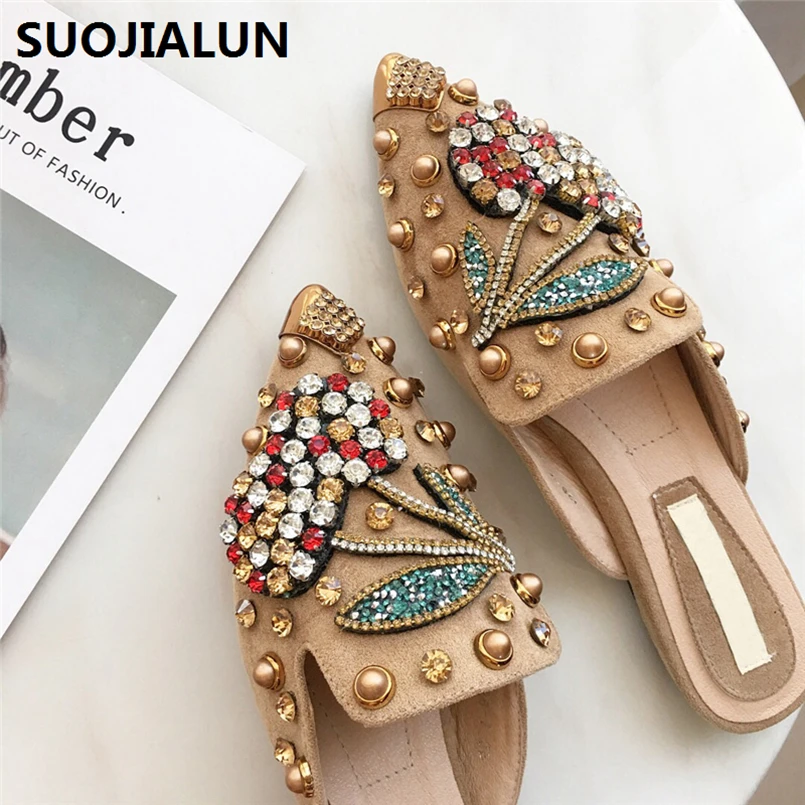 

SUOJIALUN Women Mules Lady Slippers Crystals Women Shoes Rivet Mules Women Slippers For Spring&Summer Shoes Ladies Flat Slides