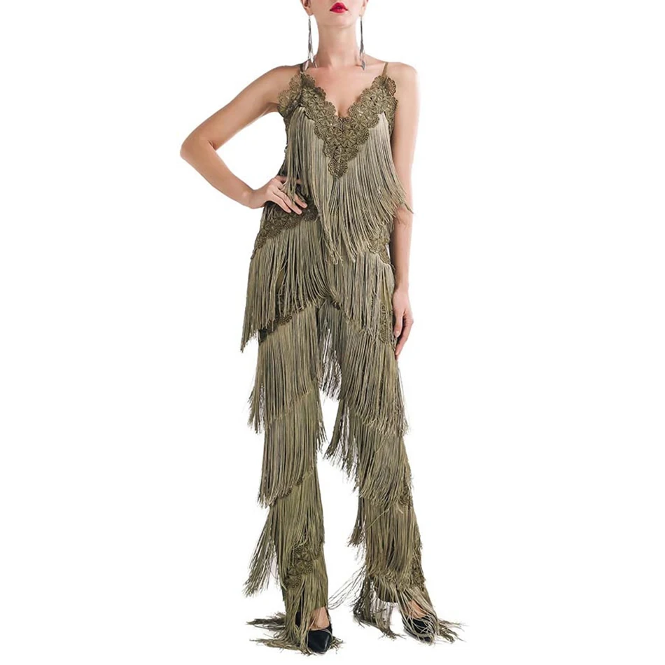 

2017 New Fashion Summer women jumpsuits White Black green V Neck Tassel Spaghetti Strap Celebrity party Long Jumpsuit