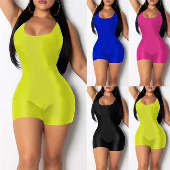 

hirigin 2019 New Women Sleeveless U-Neck Solid Bodycon Playsuit One-piece Clubwear Sport Short Jumpsuit Romper Leotard Trousers