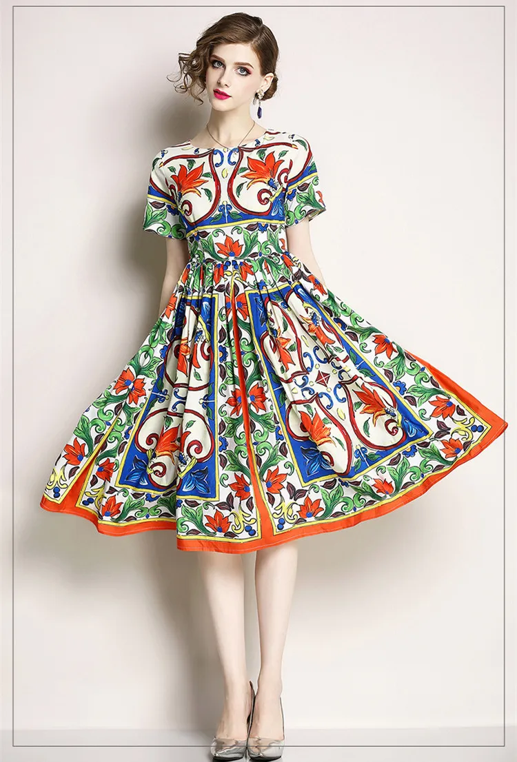 

Italy style retro print dress new 2018 summer runways floral print vintage dress S462