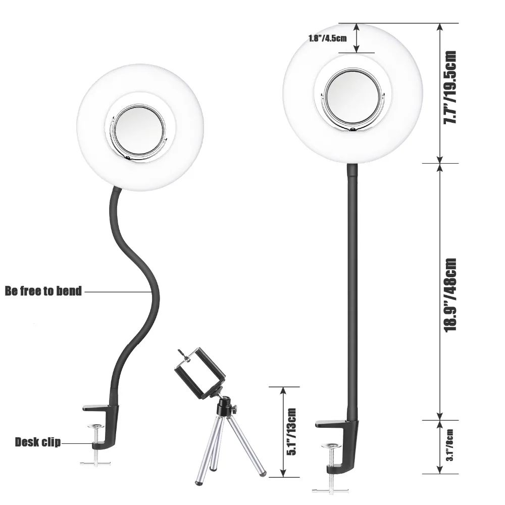 Светодиодный мини-кольцевой светильник Neewer с регулируемой яркостью 8 дюймов с гибкой изогнутой головкой+ настольным зажимом+ 3,5 дюймовым зеркалом+ зажимом для телефона+ мини-треногой для красоты