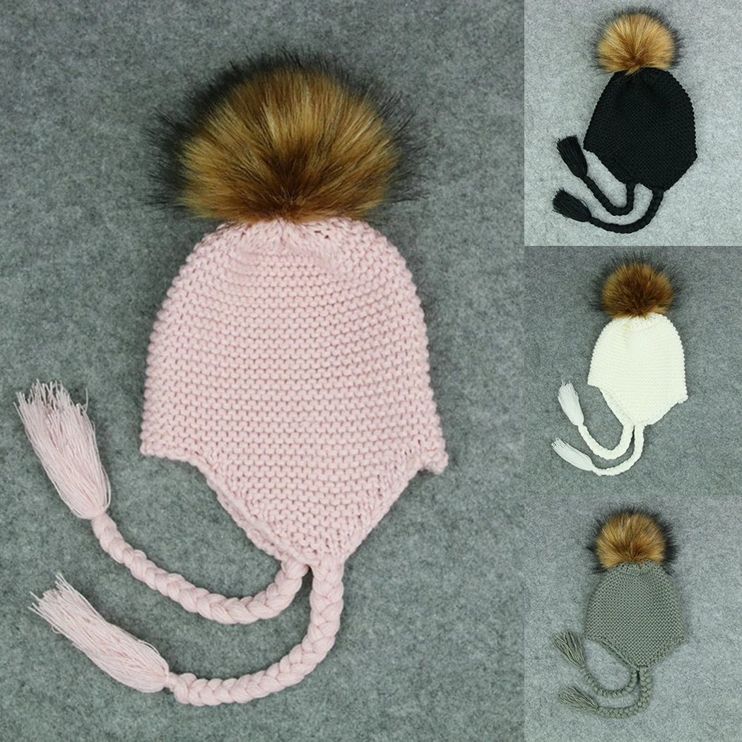 Зимние теплые вязаные крючком Earflap Hat шапочка Кепки милые меховым помпоном твист Шапки для детей мальчиков и девочек Enfant Pom кепки s