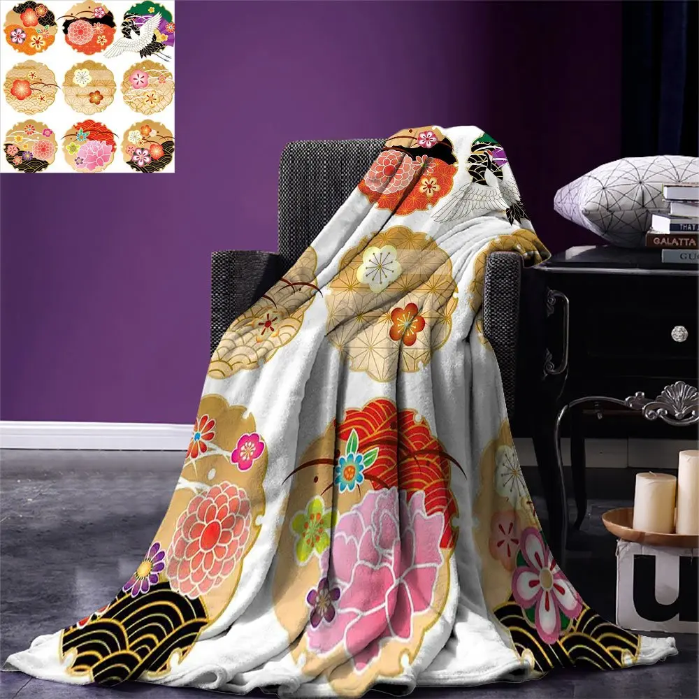 Japanese Throw Blanket Floral Round Golden Frame Patterns Asian Nature