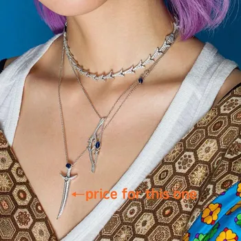 

925 Sterling Silver Punk Zircon Chains Necklace Sword Shape Pendant Necklace Women Jewelry Monaco Girl Birthday Christmas Gift