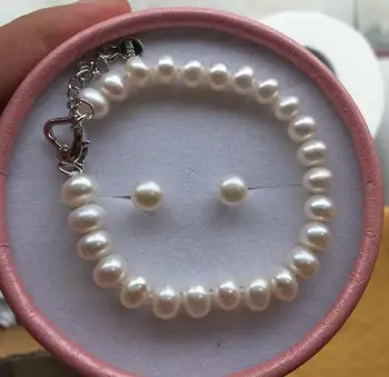 

New Arriver Pearl Jewellery Set White Color 7-8mm Real Freshwater Pearl Necklace Earrings Heart Clasp