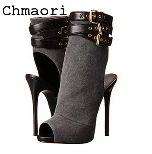 

2018 Spring and Summer pu leather with buckle strap decoration thin heel high heel peep toe ankle Dew short boot