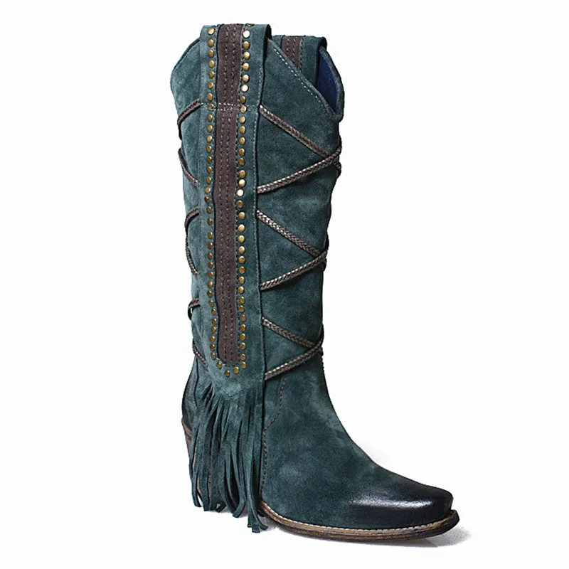 Estilo Moda Blue Square Toe Cremallera Botas Knight Magic Negro tied lado In blue Perfetto Mujer Prova Retro Fringe In Grace Design plush Cruz leather w5X6qU76px