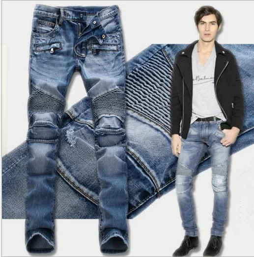 

New Jeans Men Skinny Biker Stretched Jeans with Zippers Pleated High Quality Slim Jean Men's Scratched Pants Trousers