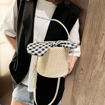 

Straw Woven Shoulder Messenger Handbags Casual Women Knitting Summer Beach Crossbody Bucket Bags Top-handle Packs 2019 New