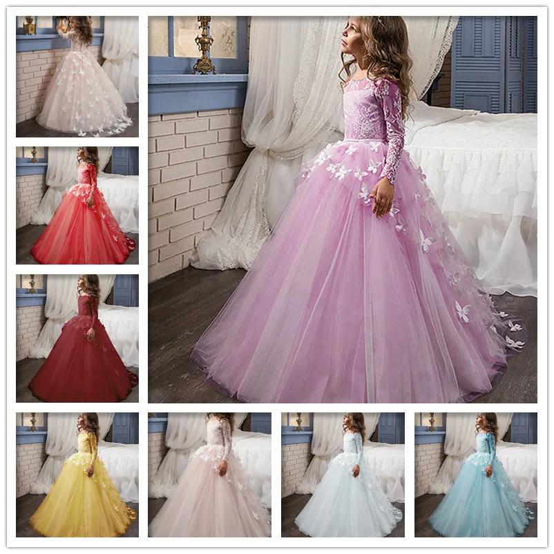 

Flower Girl Dress Long Sleeve Vintage Weddings Occasion Brithday Party Custom Made Princess Tutu Sequined Bow Appliqued Kids