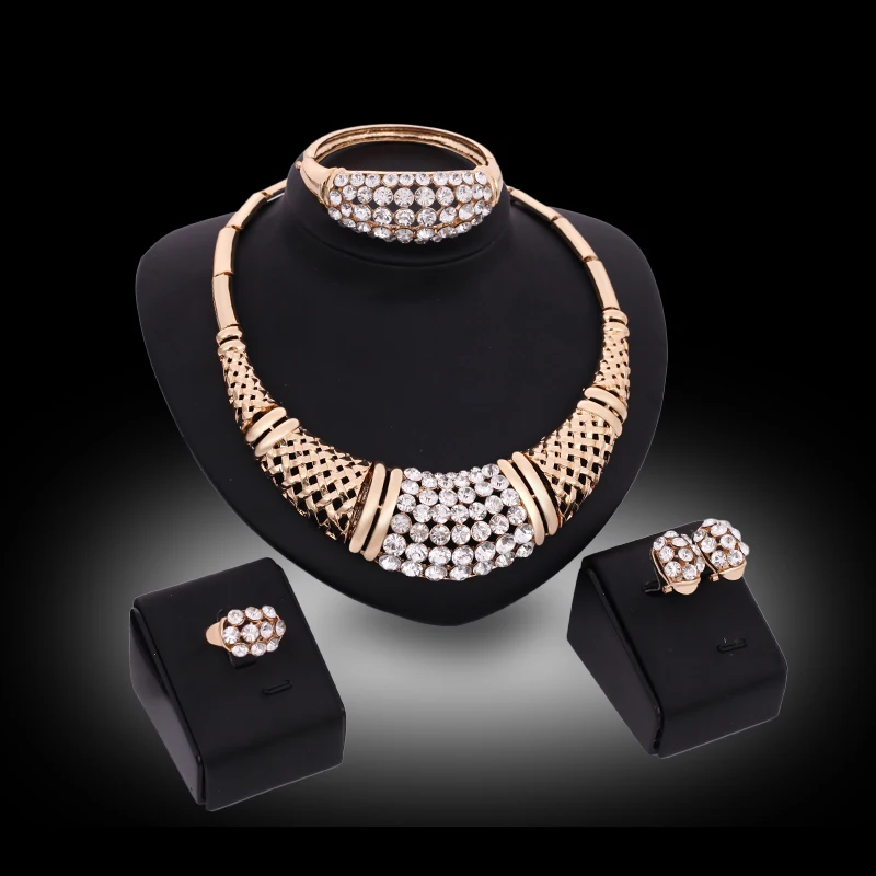 High Quality FASHION Jewelry Sets For Women Crystal Statement Necklace Earrings Bangle Ring Sets