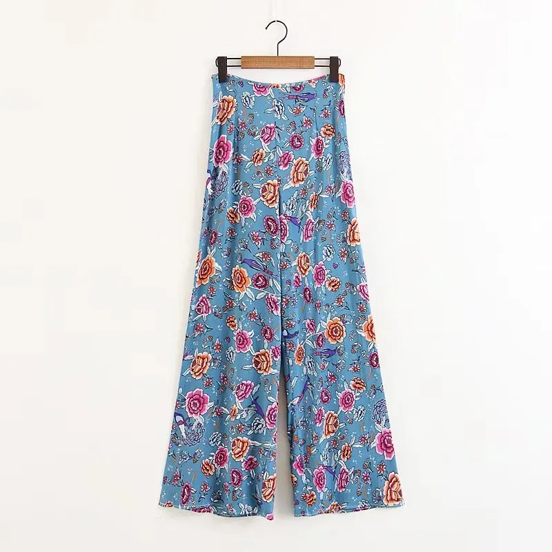 Boho Chic Women Floral Print Summer Beach Blue Wide Leg pants 2018