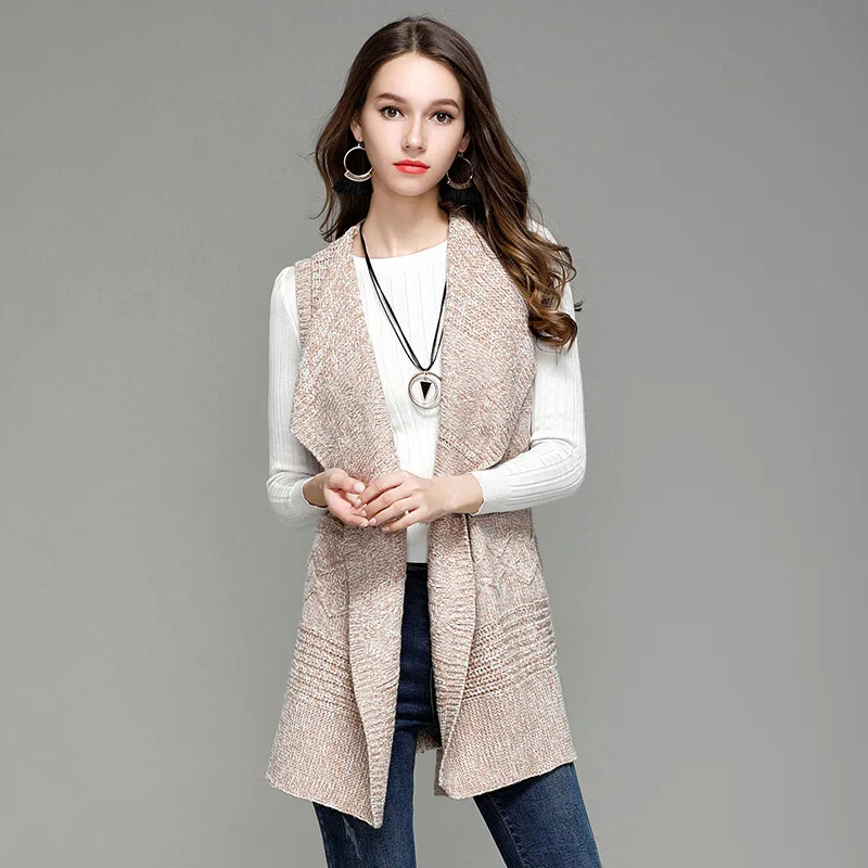 #0729 Long Kimono Vest Femme Lapel Collar Knitted Cardigan Sleeveless Coat Waistcoat Women Adjustable Waist Cardigan Ladies