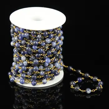 

6mm,Natural Blue Sodalite Round Shape Beads Chains,Wire Wrapped Golden Plated Links Rosary Chains Jewelry