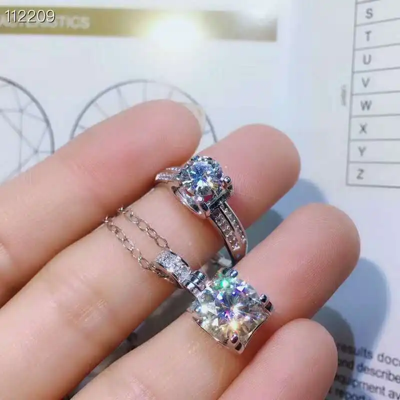Видео! 8 мм moissanit алмаз s925 стерлингового серебра Классические тонкие комплекты украшений для женщин свадебные белый драгоценный камень, кольцо для ключей, брелок