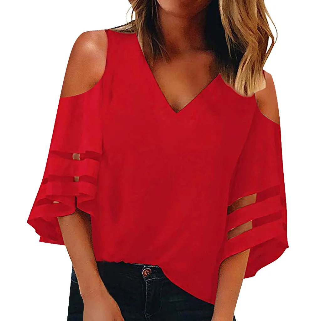 

Womens Tops and Blouses Streetwear Cold Shoulder 3/4 Bell Sleeve Shirts Hollow Out Ladies Clothes V Neck Mesh Panel Blouse #524