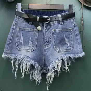 

plus size 5XL!Denim shorts women summer new fashion tassel high waist loose hole irregular wide leg jeans shorts