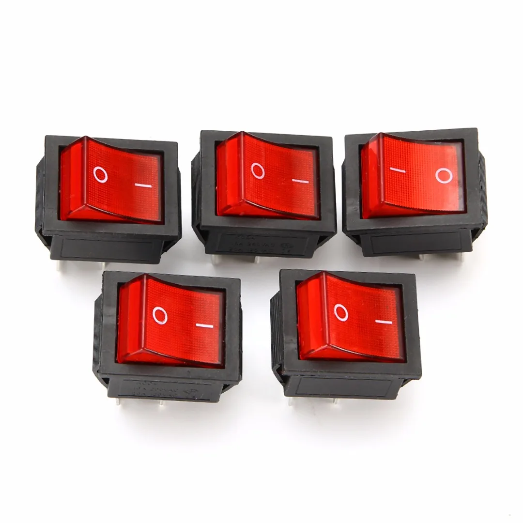 Mayitr 5pcs Red Lamp Light Push Button Rocker Switch with 4 Pin Snap in On-Off 2 Position 16A/250V KCD4-201