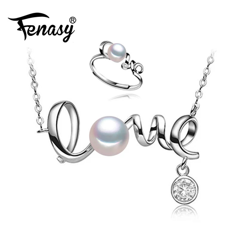 

FENASY Natural Freshwater Pearl Jewelry Sets 925 Sterling Silver Letter Love Pearl Pendant Necklace For Women Fashion Ring New
