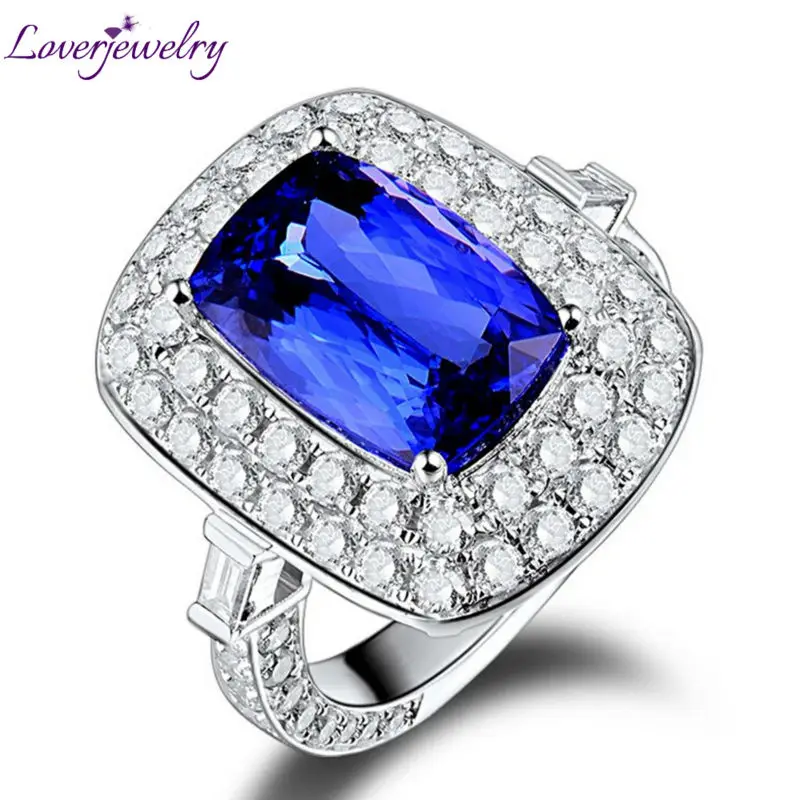 

2019 Luxury Rings For Women Engagement Party Solid 18K White Gold 4.87ct Cushion 8x12mm Natural Tanzanite Diamonds Eternity Ring