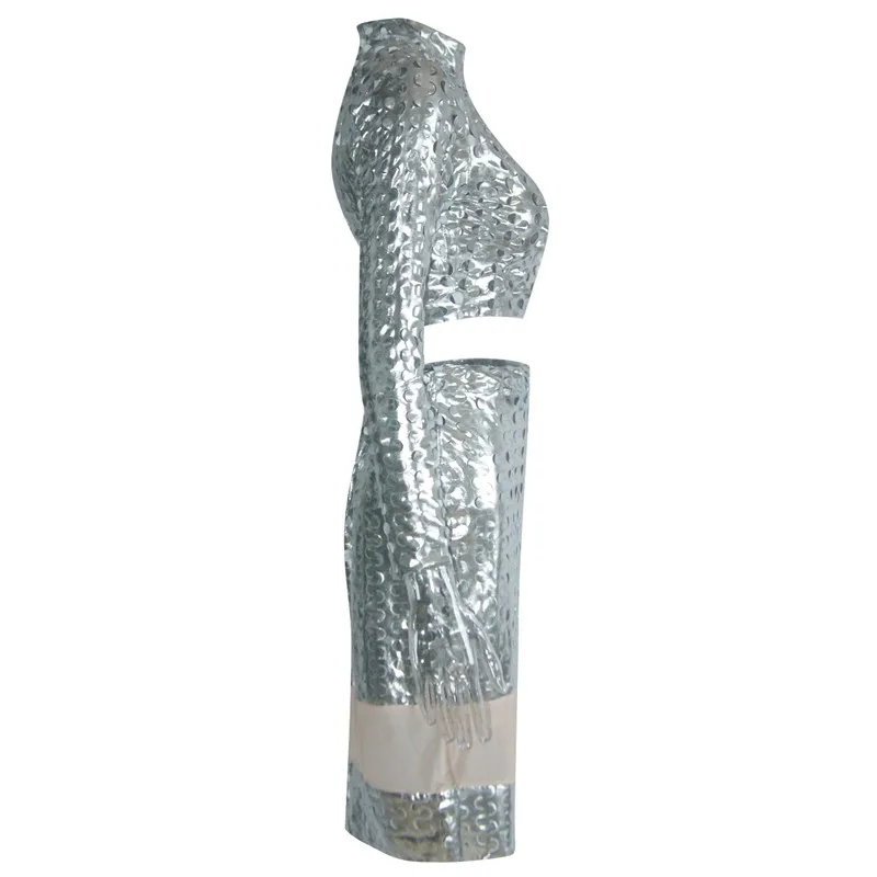 Free Shipping 2015 Two Pieces Hole Club Dresses Sexy Lady Silver Long Sleeve Cocktail Sexy Dress Vestidos W373512C (4)