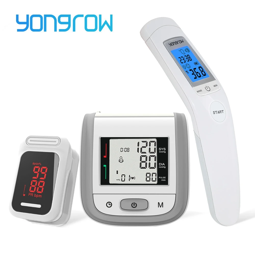 

Yongrow medical LED Fingertip Pulse Oximeter & LCD Wrist Blood Pressure Monitor & Infrared Body Thermometer for Health Care Gift