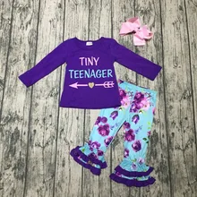Новая осенне-зимняя одежда для маленьких девочек детская одежда из фиолетового хлопка с рюшами и цветочным принтом в виде стрелы для подростков эксклюзивная Одежда с бантом