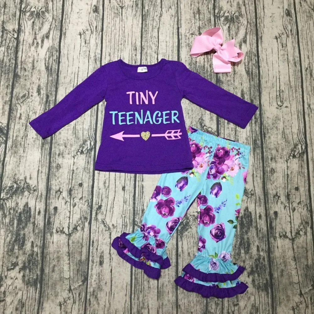 

new Fall/Winter baby girls outfits tiny teenager arrow floral purple cotton milk silk children clothes ruffle boutique match bow