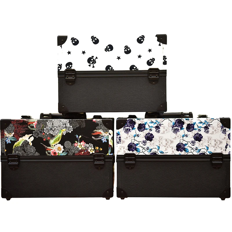

new design big size skull flower leaves ABS&PU Make up Box Makeup Case Beauty Case Cosmetic Bag Multi Tiers Lockable Jewelry Box
