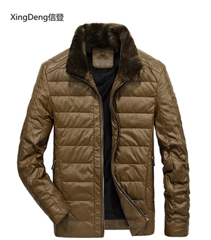 

XingDeng Men Winter 80% white duck down PU Leather Jackets fashion warm Jackets Fur collar winter clothing Casual top Coats