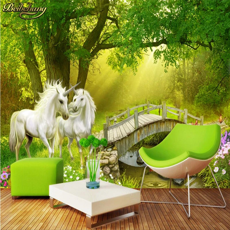 

beibehang Custom photo wall murals wall stickers forest white horse fresh 3D TV wall papel de parede wallpaper for walls 3 d