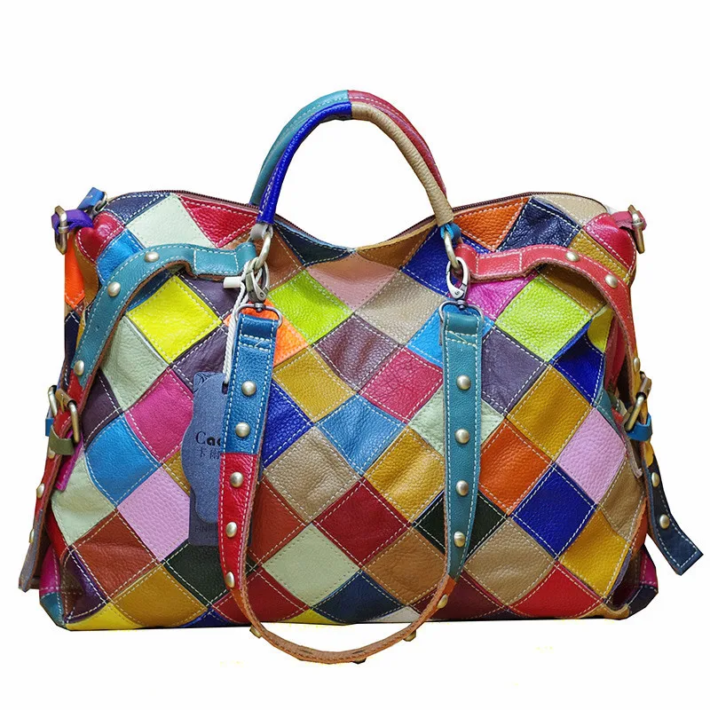 

YIQIN BERYL Genuine Leather Fashion Women Multi-color Handbag Shoulder Bag With Studs Matching Colorful Totes Large Capacity