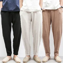 Chinese Traditional Male Summer Beach Trousers Flax Hemp Loose Drawstring Jogger Linen Pants Men Plus Size