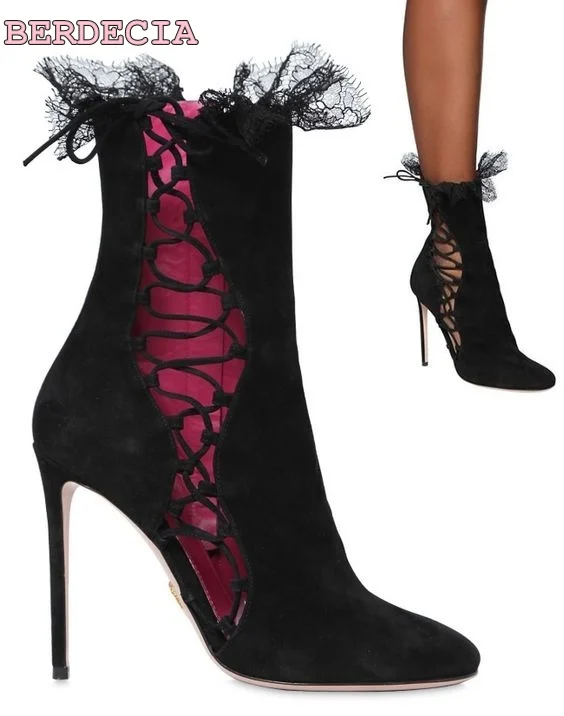 beautiful lace hollow out boots pointed toe woman shoes stiletto heel short boots black suede leather newest ankle boots beautiful lace hollow out boots pointed toe woman shoes stiletto heel short boots black suede leather newest ankle boots