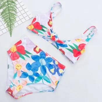

Tankini Printed Floral Bow String High Waist Swimsuit Bikini Set Swimming Suit For Women Swimwear Bathing Suit Maillot