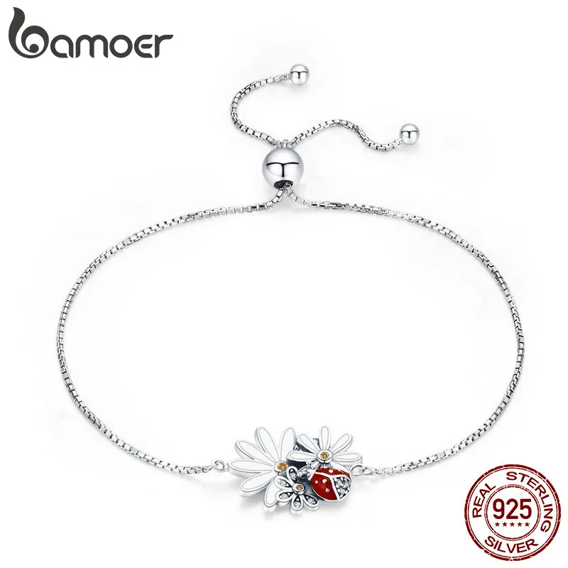 

BAMOER 925 Sterling Silver Ladybug's Adventure Daisy Flower Women Bracelets Bangles for Women Authentic Silver Jewelry SCB101