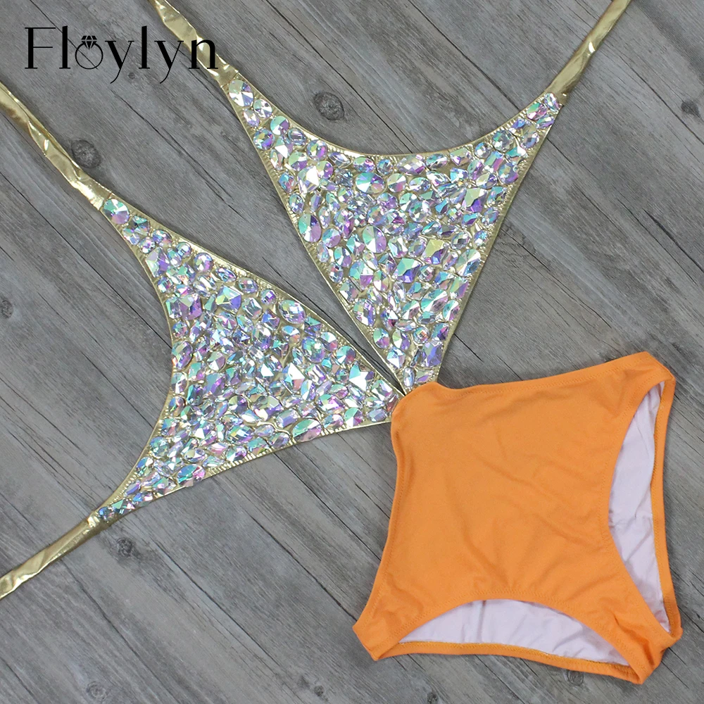 Floylyn Rhinestone One Piece Women Swimsuit Sexy Cut Out Luxury Diamond