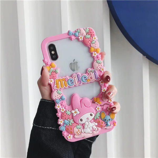 Милый 3D японский Мелодия клубника рамка чехол для телефона для iPhone 11 Pro Max X XS MAX XR 6 6s 7 8 Plus для силикагель задняя крышка чехол s - Цвет: Бежевый