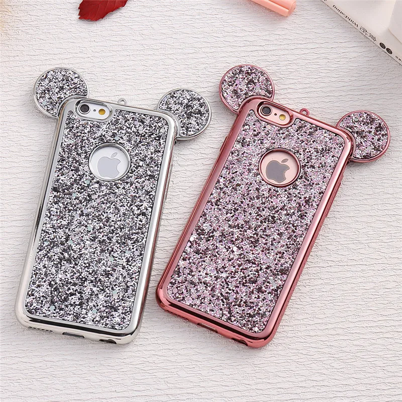

3D Luxury Mickey Mouse Ears Soft TPU Cover For iPhone X XR XS 6S 7 8 Plus 5 5S SE Shell Glitter Plating Soft Silicon Cover