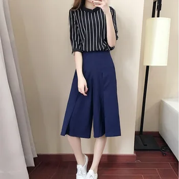 

Korean fashion Elegant two piece set Ladies Vintage striped half Sleeve top calf-length wide leg pants casual set