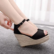 Grande taille petite taille sandales à talons compensés style bohème sexy poisson bouche sandales paille chanvre corde talon haut talon sandales 32,33, 43,44
