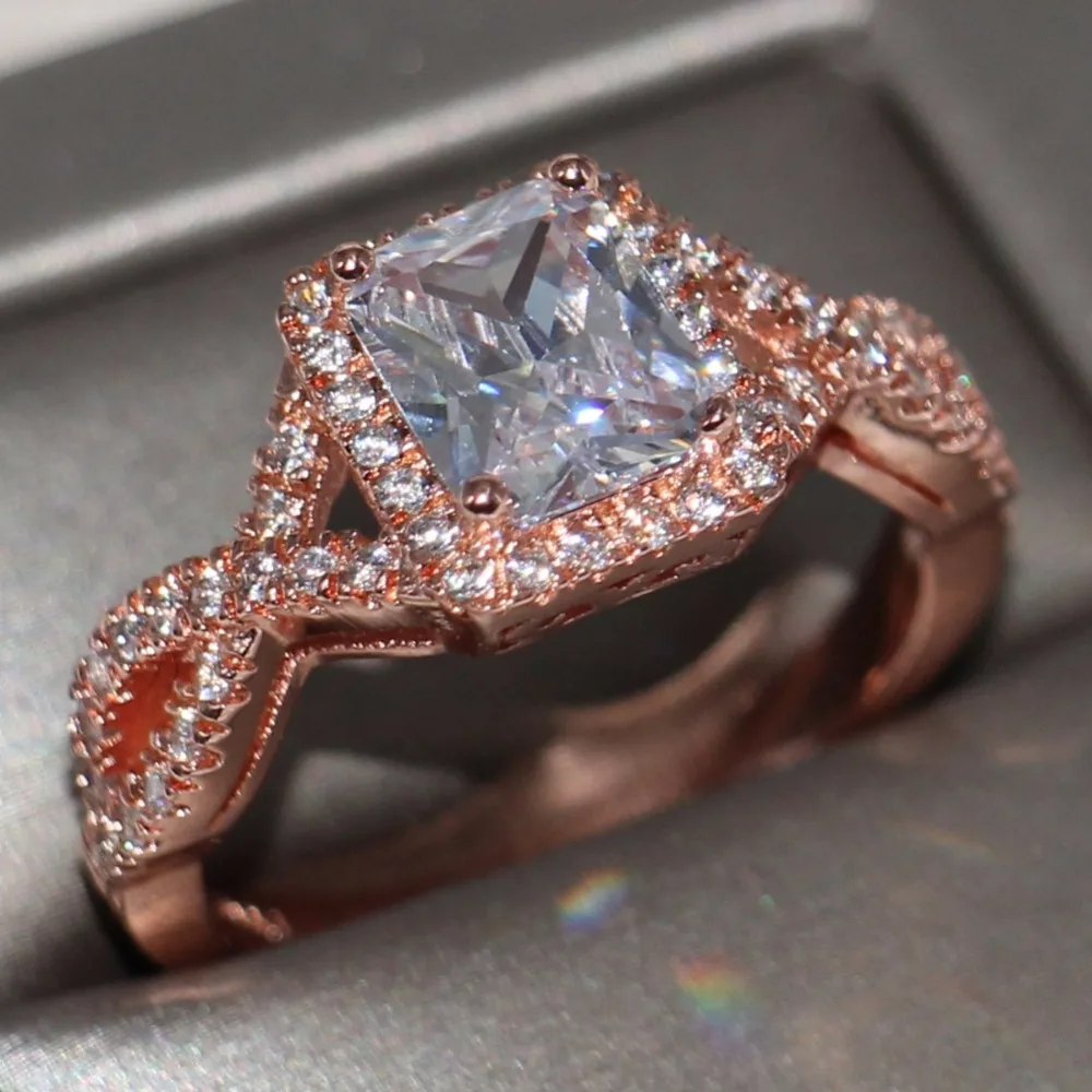 

Cross Band Wedding Ring For Women Luxury Jewelry 925 Sterling Silver&Rose Gold Filled Princess Cut 5A CZ Zirconia Cute Ring Gift