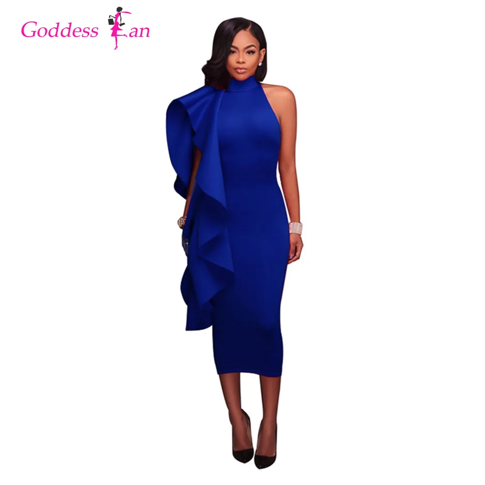 

2018 New Summer Sexy One-shoulder Solid Blue Black Red Plus Size Women's Dress Stand Neck Ruffles Ladies Female Midi Dresses