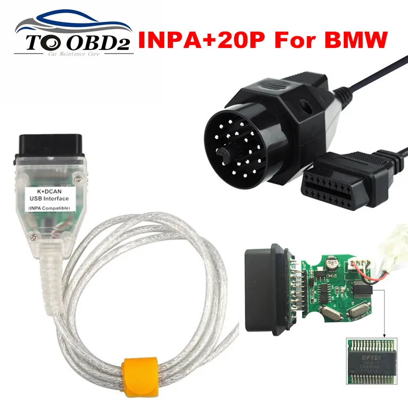 INPA K+ DCAN добавить OBD1 20Pin в OBD2 16Pin для BMW серии Green PCB FTDI FT232RL чип OBD2 USB кабель диагностический для BMW INPA K CAN