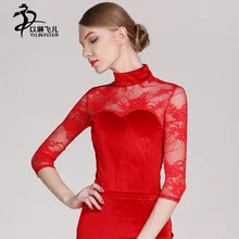High collar 3/4 Sleeves Adult Latin Dance Leotard Lace Velvet fabric Women/ girls latin tango salsa competetion dancewear