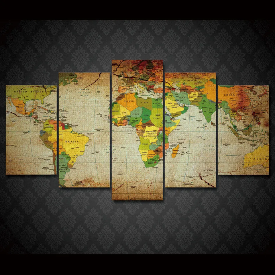 

5 Pcs HD Printed Retro World Map Wall Picture Painting On Canvas For Living Room Poster Print Lienzos Decorativos Modernos