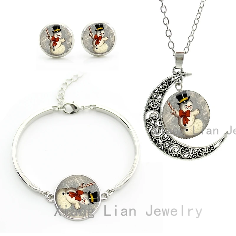 

Cute funny gentleman Snowman art picture silver color moon necklace earrings bracelet lovely Christmas jewelry set women CM48