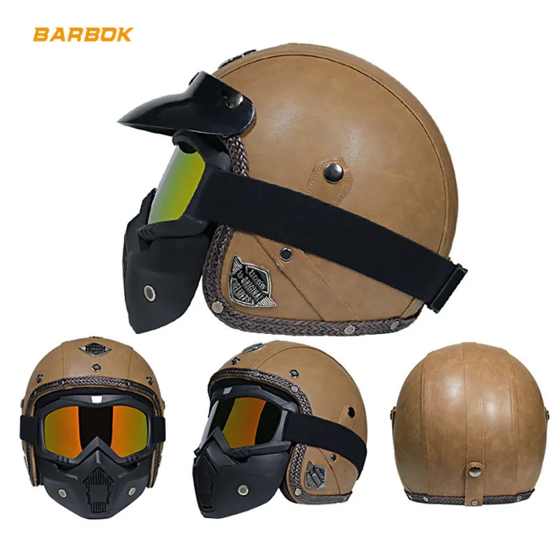 

Motorcycle Helmets for Road Racing Downhill Removable Inner Lining Safety Caps with Goggle UV Protection PU Leather Shell Hats