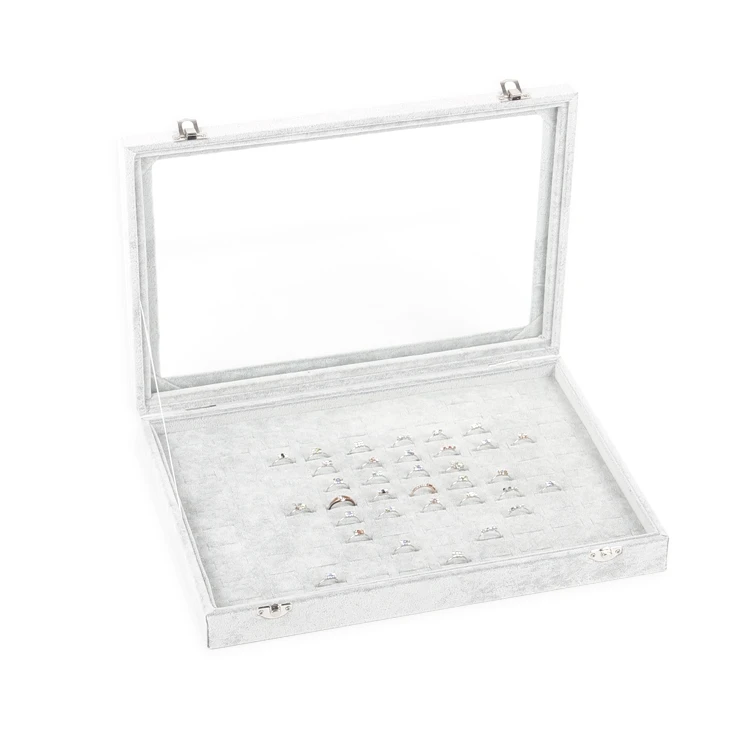 TONVIC серый лед бархат ювелирных изделий дисплей коробка кольцо браслет серьги цепочки и ожерелья бусины отсеки для хранения лоток со стеклянной крышкой - Цвет: Ring Box 100 Holes